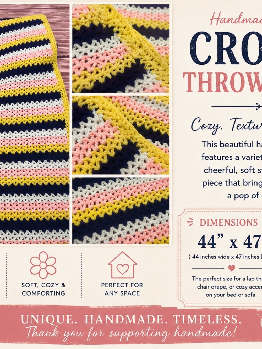 Hand Crafted Crochet Throw Blanket in Yellow, Pink, Navy, White